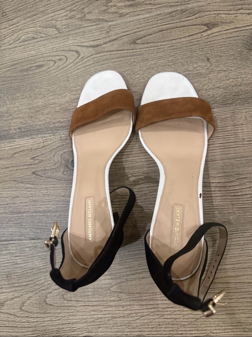 ANTONIO MELANI White, Brown & Black Suede Two-Tone Ankle Strap Sandals